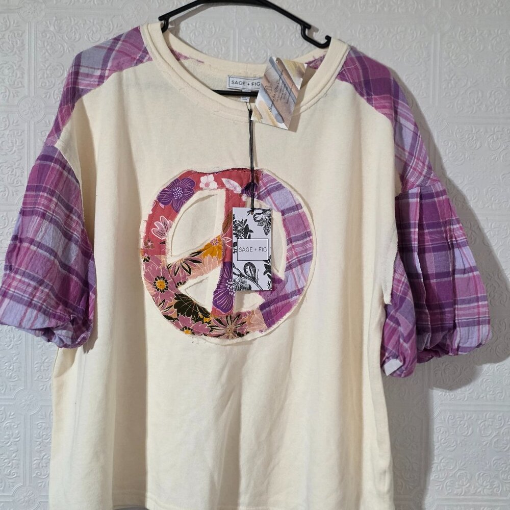 Sage + Fig NWT Small Peace Sign Patchwork Top Boho Plaid